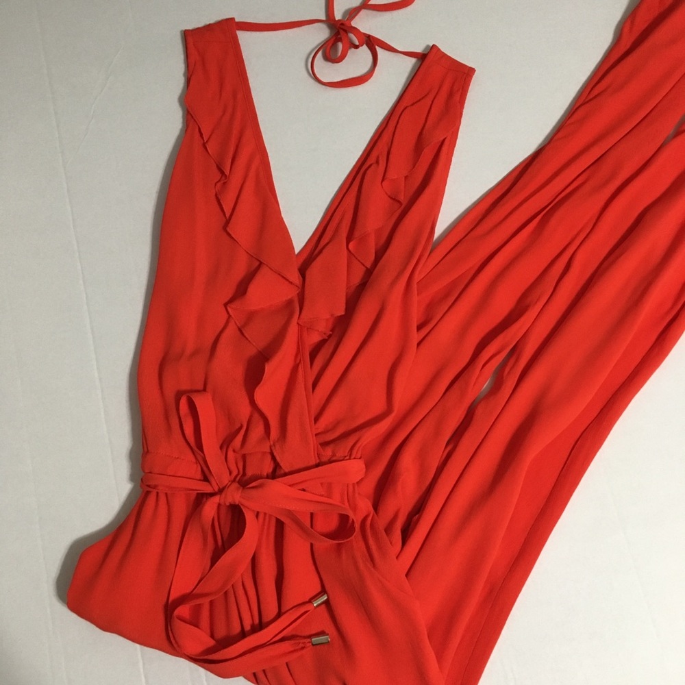 Macy’s Straight Leg Jumpsuit Red Orange Tie Waist Size Small